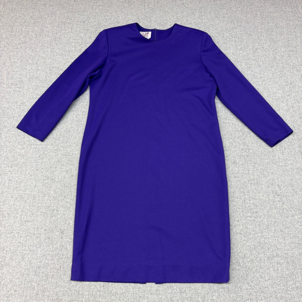 Caron Vintage Sheath Dress Size 16 Purple Long Sleeve Jewel Neck Zip Back USA